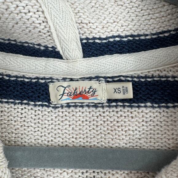 Faherty Kent Striped Hoodie Sweater Womens XS Ivory Blue Tassled Drawstring - Picture 8 of 13